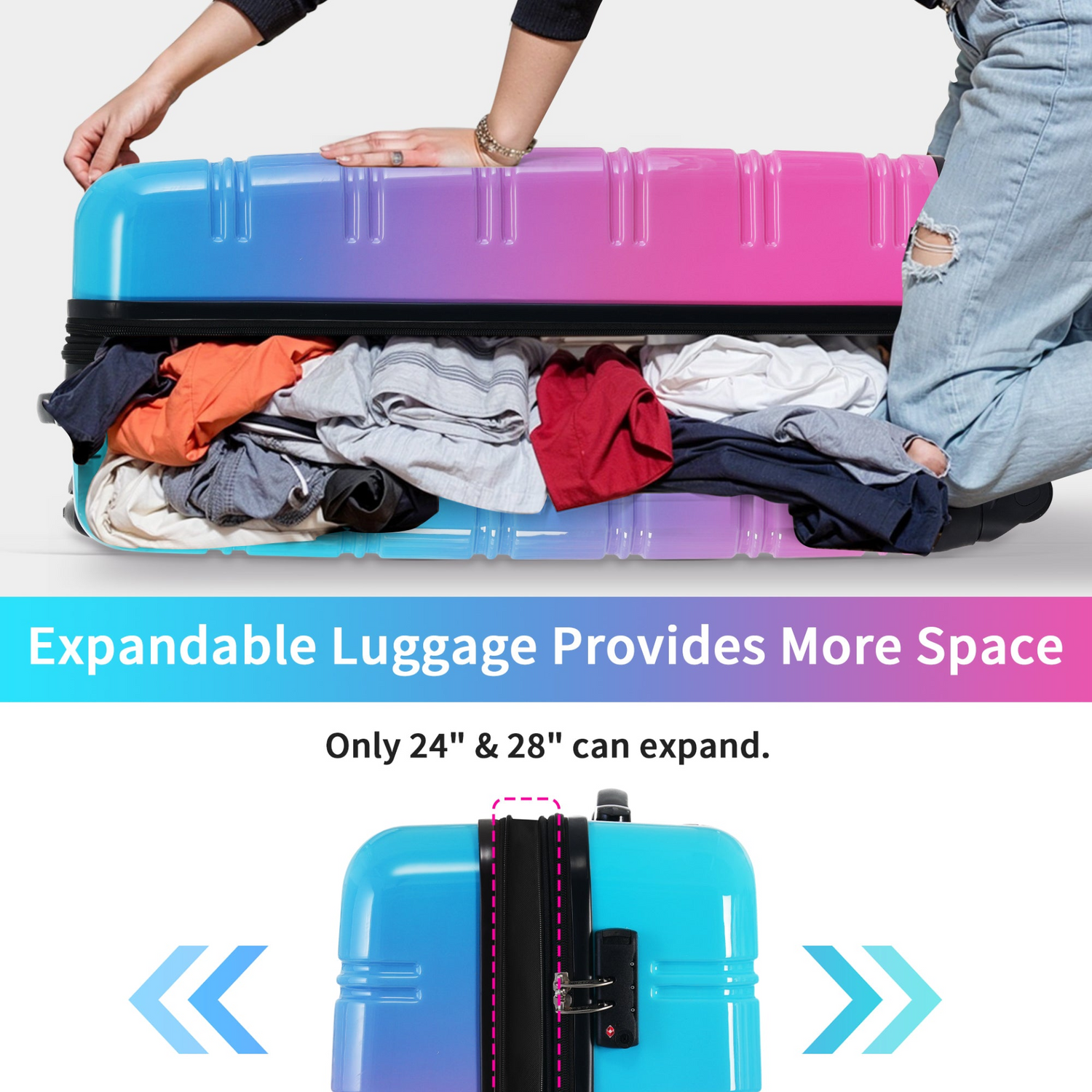 Start2Finish hardshell 3-piece gradient luggage set with expandable suitcases, spinner wheels, and TSA lock for travel accessories.