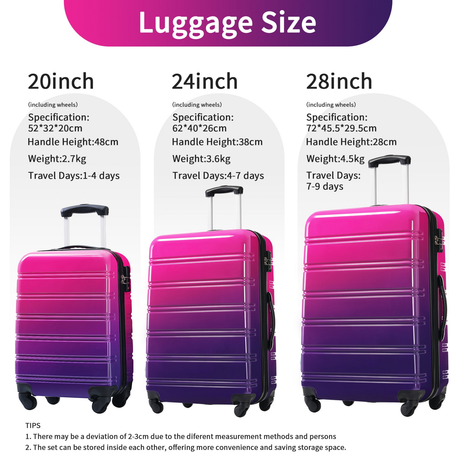 Start2Finish hardshell 3-piece gradient luggage set with expandable suitcases, spinner wheels, and TSA lock for travel accessories.