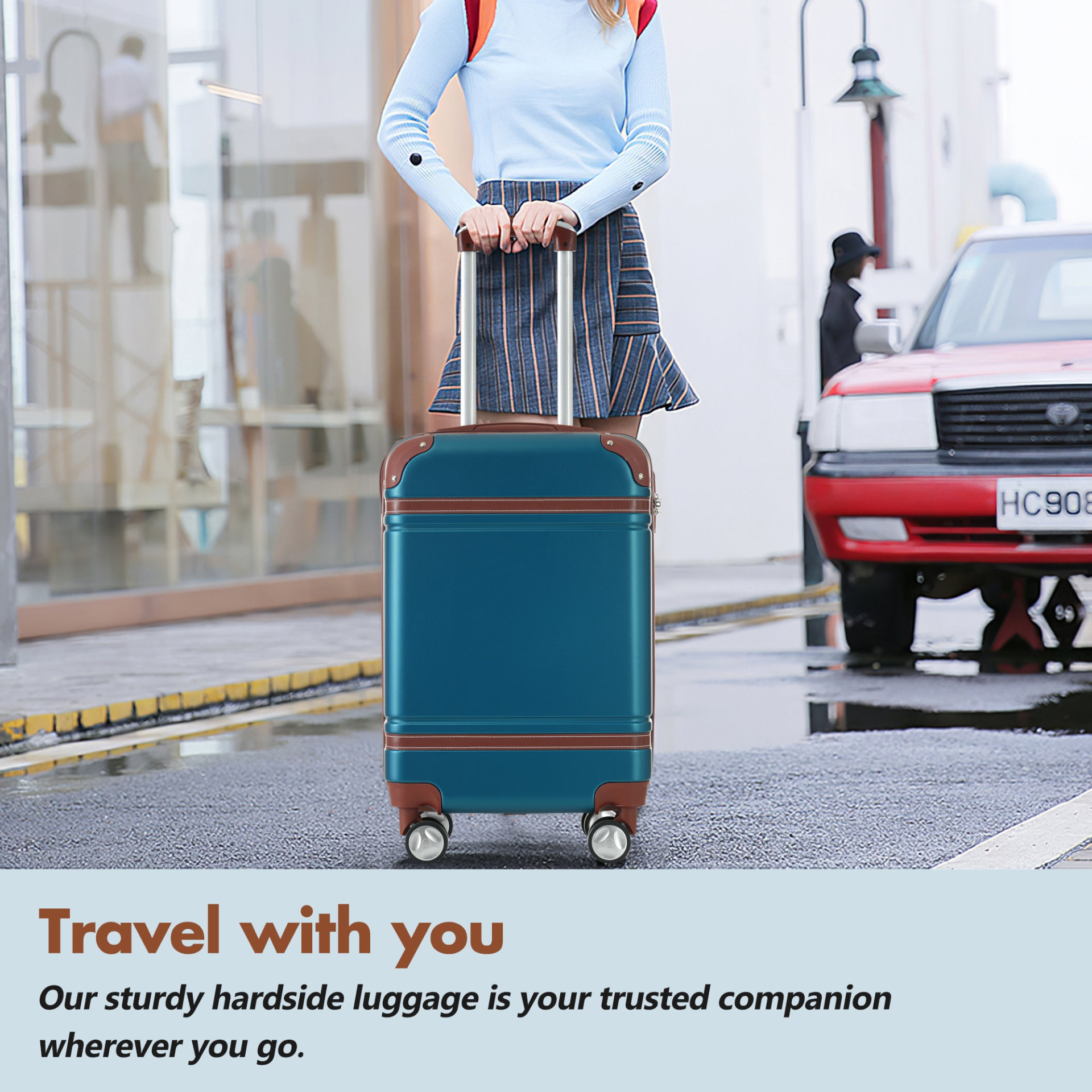 Start2Finish hardshell luggage set with lightweight suitcases, dual spinner wheels, TSA lock, and vintage-style design.
