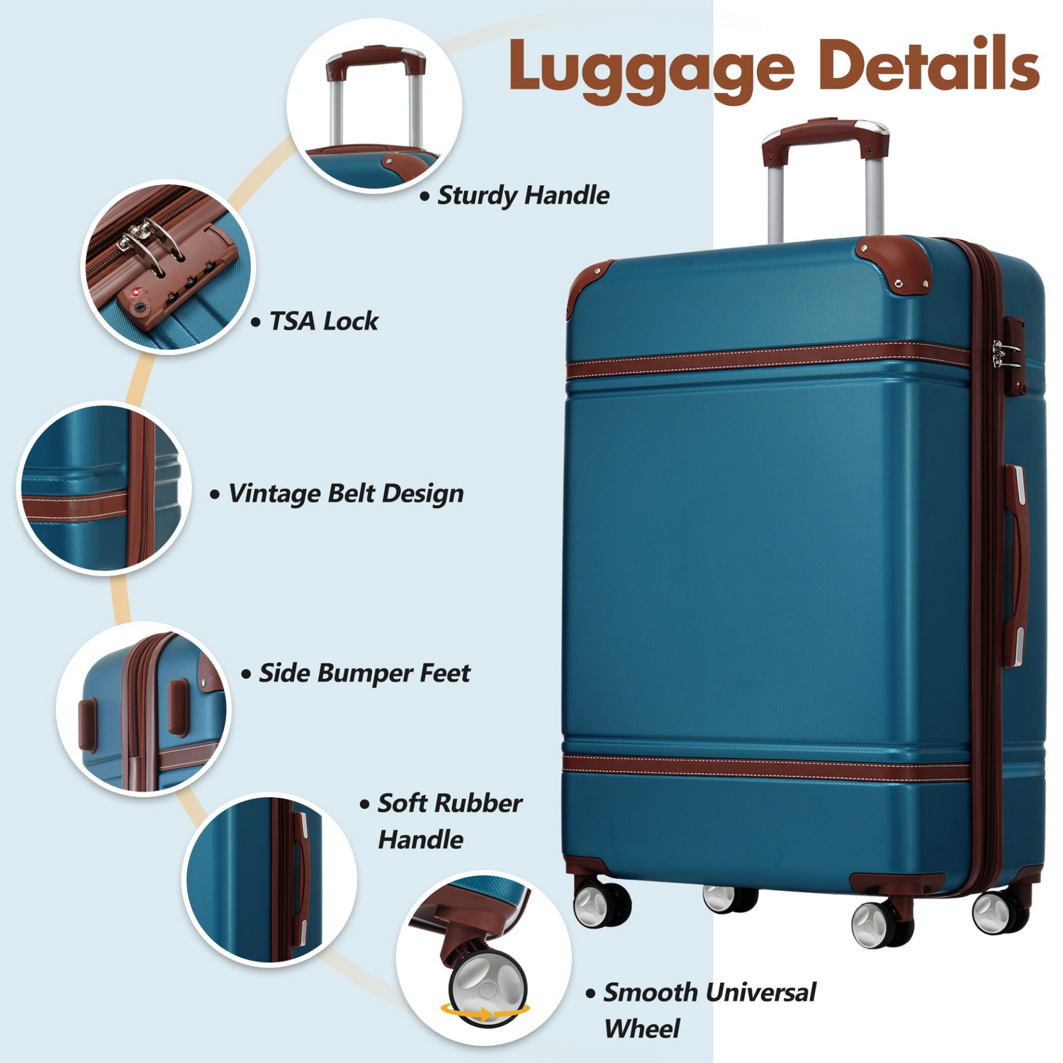 Start2Finish hardshell luggage set with lightweight suitcases, dual spinner wheels, TSA lock, and vintage design, with matching travel bags.