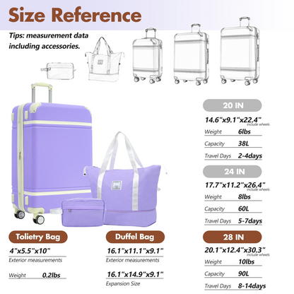 Start2Finish hardshell luggage set with lightweight suitcases, dual spinner wheels, TSA lock, and vintage design, with accompanying travel bags.