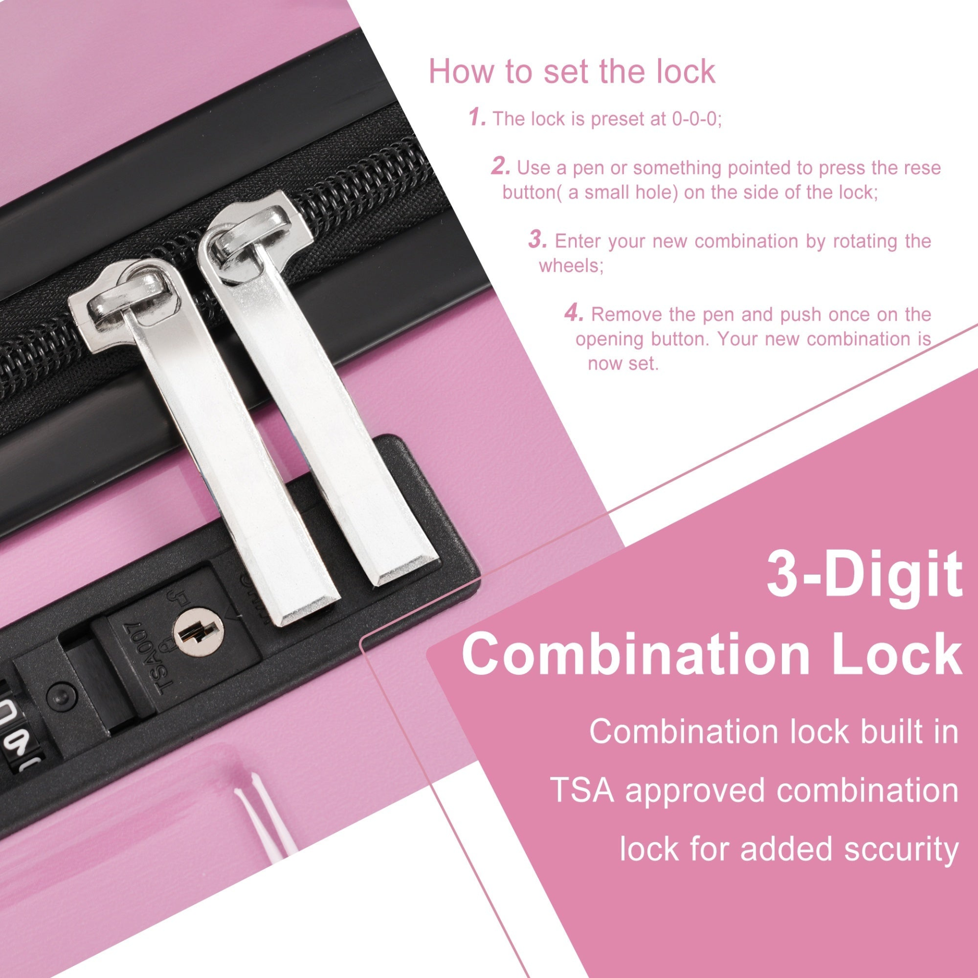 Start2Finish 3-piece luggage set with spinner wheels and built-in TSA lock, showing sleek suitcases with handles and wheels.