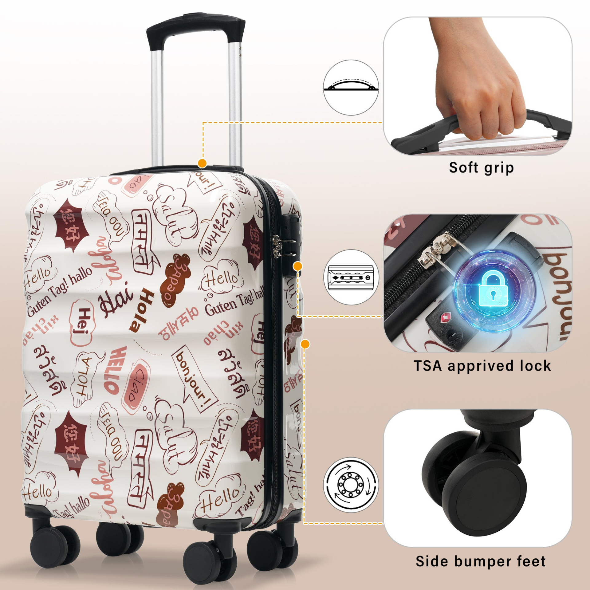 Start2Finish lightweight glossy hard-shell travel suitcase with spinner wheels and TSA lock, featuring a sleek exterior and ergonomic handle.