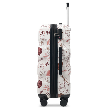 Start2Finish lightweight glossy hardshell travel suitcase with spinner wheels and TSA lock, shown with open zipper and interior compartments.