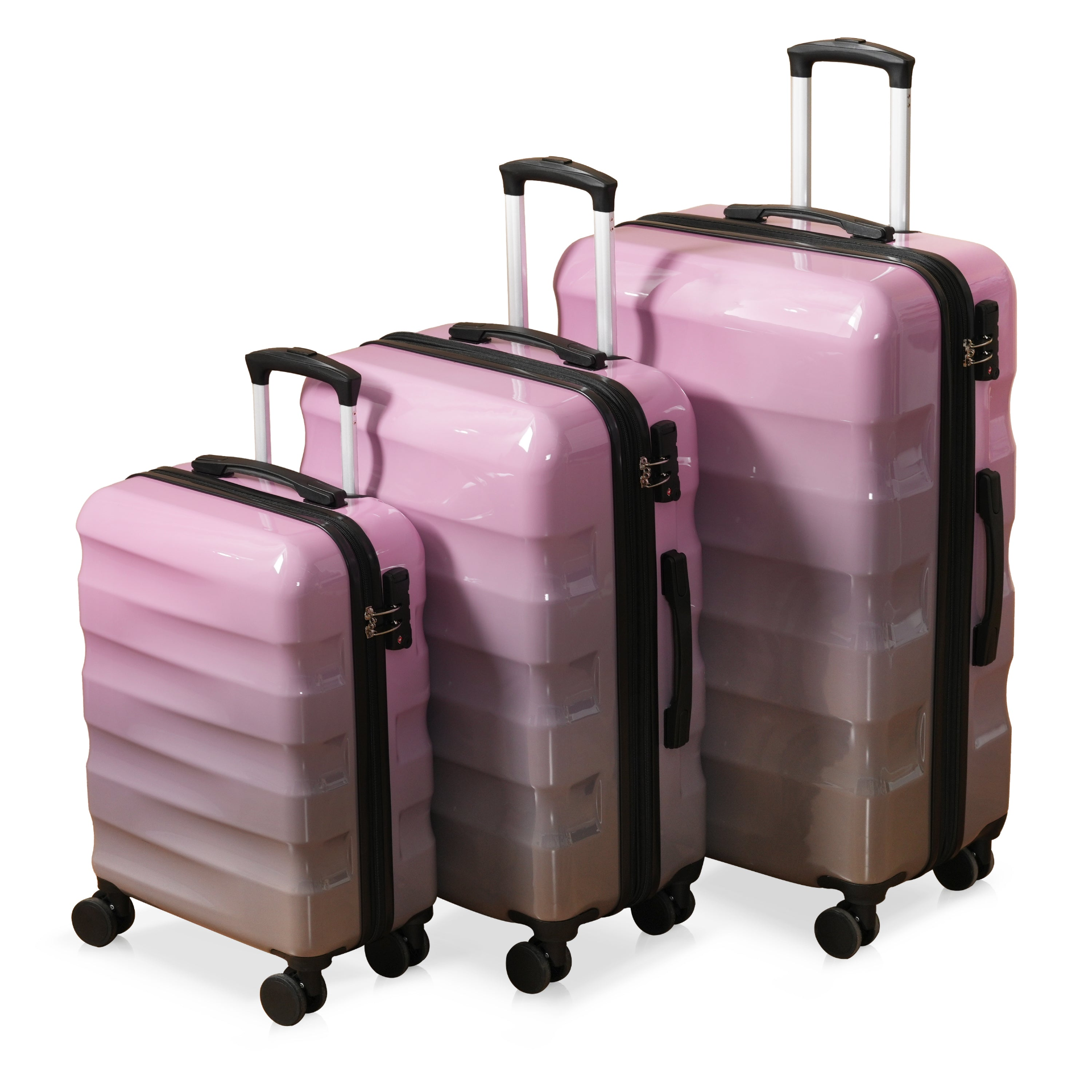 Three-piece Start2Finish hardshell luggage set with spinner wheels and TSA locks, showing durable suitcases in a row.