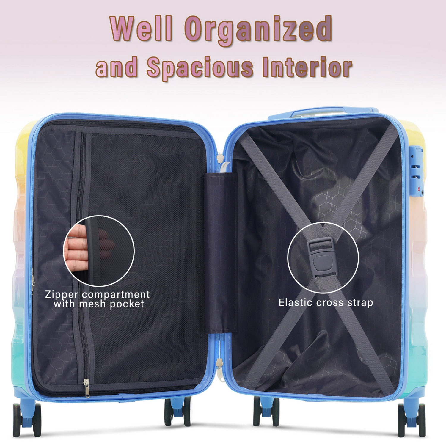 Start2Finish 3-piece hardshell luggage set with spinner wheels and TSA lock, shown with three matching suitcases.