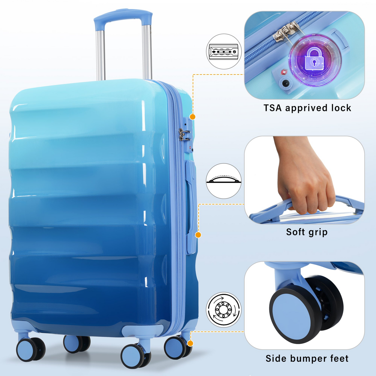 Start2Finish 3-piece hardshell luggage set with spinner wheels and TSA locks, showing sleek suitcases with textured surfaces.
