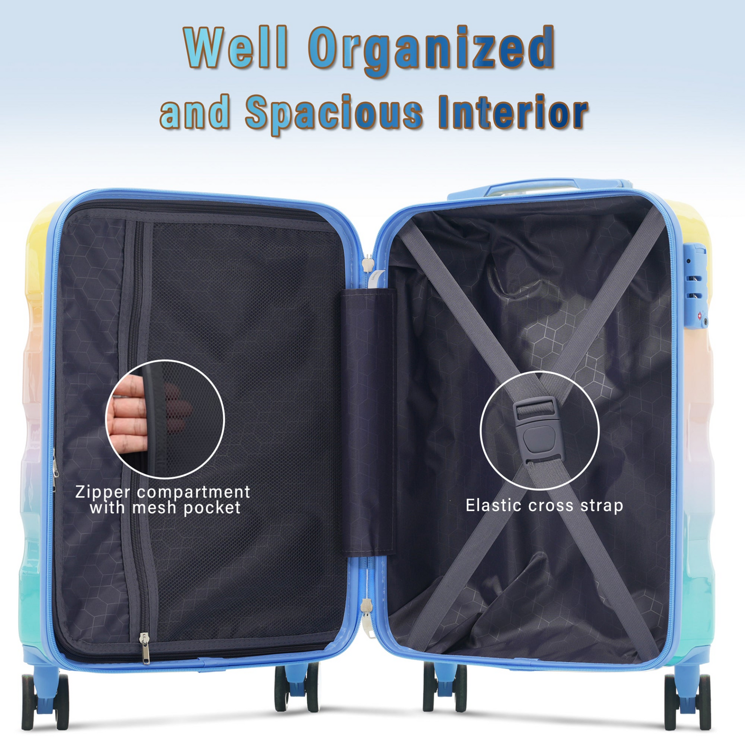 Start2Finish 3-piece hardshell luggage set with spinner wheels and TSA lock, featuring durable suitcases for travel.