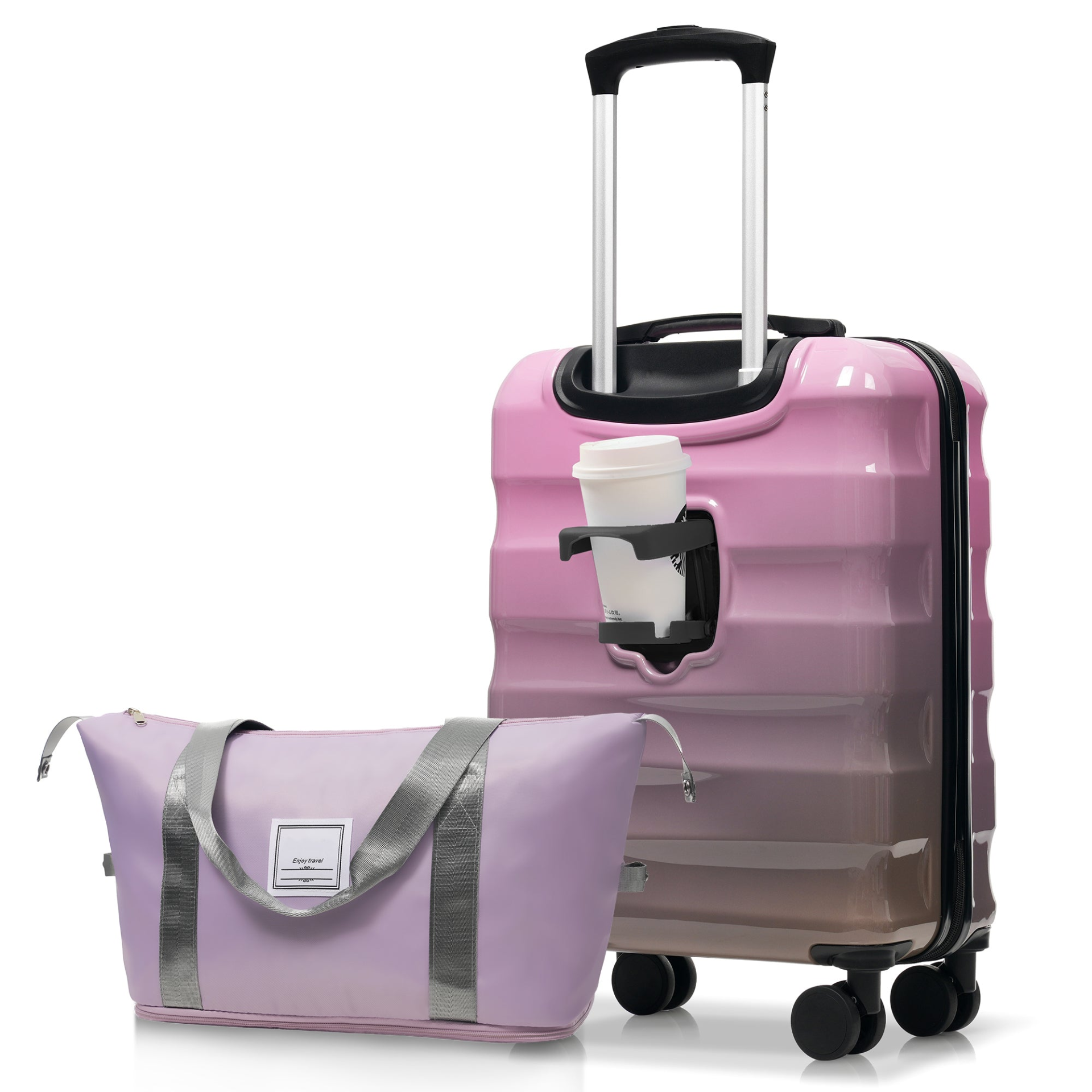 Lightweight hard-shell carry-on luggage by Start2Finish with spinner wheels, TSA lock, and built-in cup holder for travel convenience.