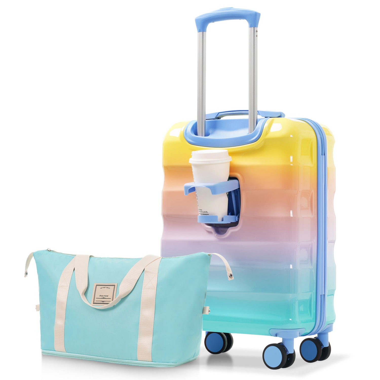 Lightweight hardshell carry-on luggage with spinner wheels, TSA lock, and built-in cup holder by Start2Finish.