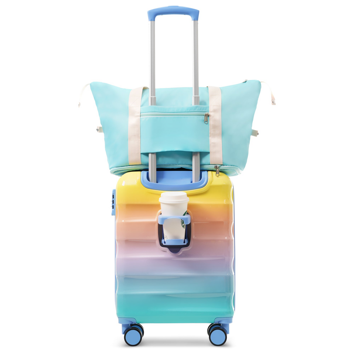 Lightweight hardshell carry-on luggage with spinner wheels, TSA lock, and built-in cup holder by Start2Finish.