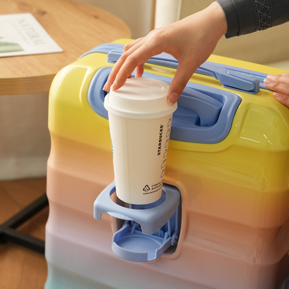 Start2Finish carry-on lightweight hardshell spinner luggage with TSA lock and built-in cup holder, designed for easy travel.