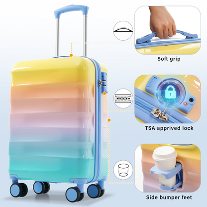 Start2Finish lightweight hardshell carry-on luggage with spinner wheels, TSA lock, and built-in cup holder for travel convenience.