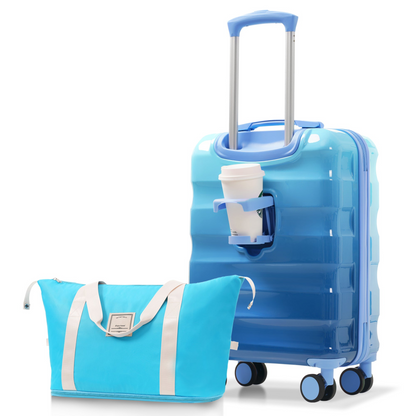 Start2Finish lightweight hardshell carry-on luggage with spinner wheels, TSA lock, and built-in cup holder for travel convenience.