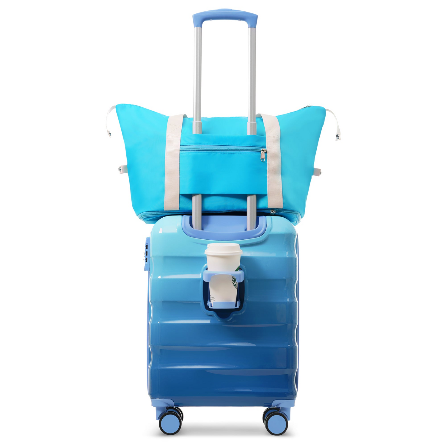 Lightweight hardshell carry-on luggage with spinner wheels, TSA lock, and built-in cup holder by Start2Finish.