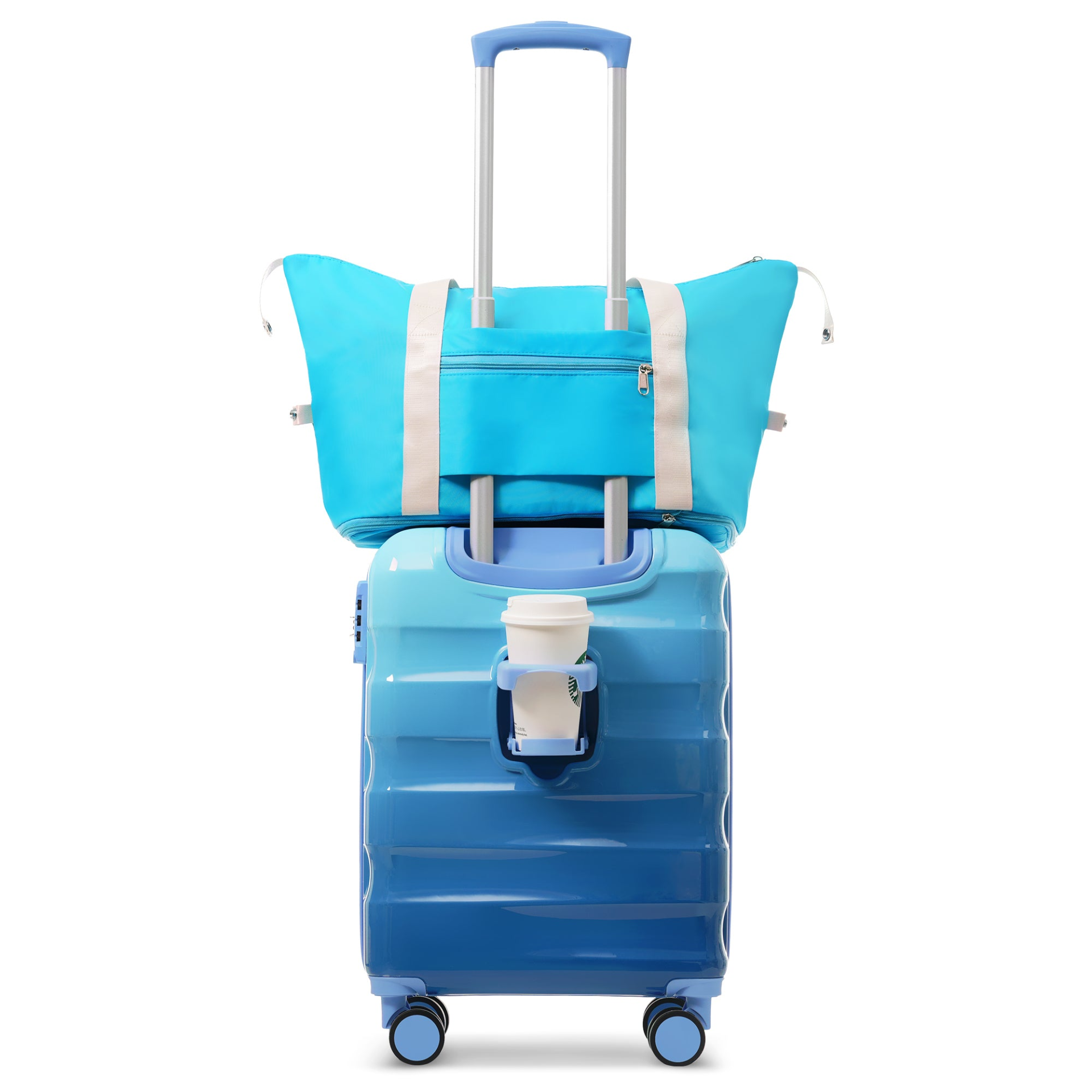 Lightweight hardshell carry-on luggage with spinner wheels, TSA lock, and built-in cup holder by Start2Finish.
