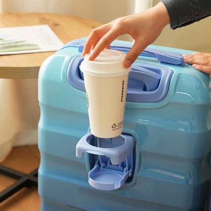 Start2Finish carry-on hardshell spinner luggage with TSA lock and built-in cup holder, lightweight travel suitcase.