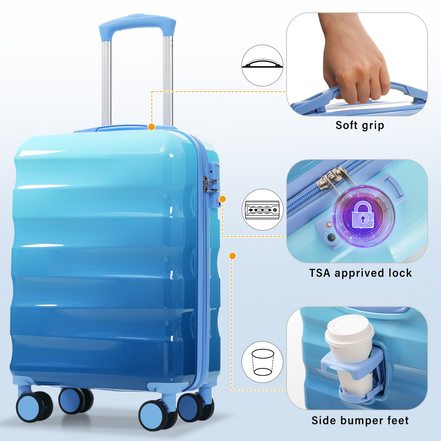 Start2Finish carry-on hardshell spinner luggage with TSA lock and built-in cup holder for convenient travel.