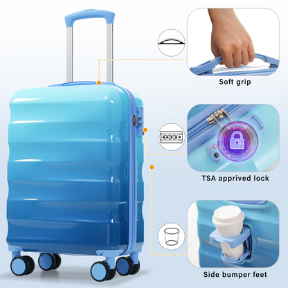 Start2Finish carry-on hardshell spinner luggage with TSA lock and built-in cup holder for convenient travel.