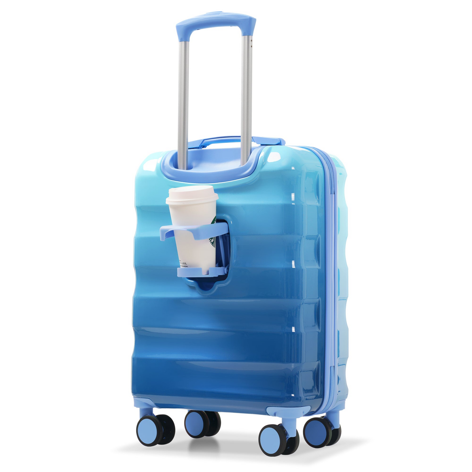 Lightweight hardshell spinner carry-on luggage with TSA lock and built-in cup holder, stylish Start2Finish travel accessory