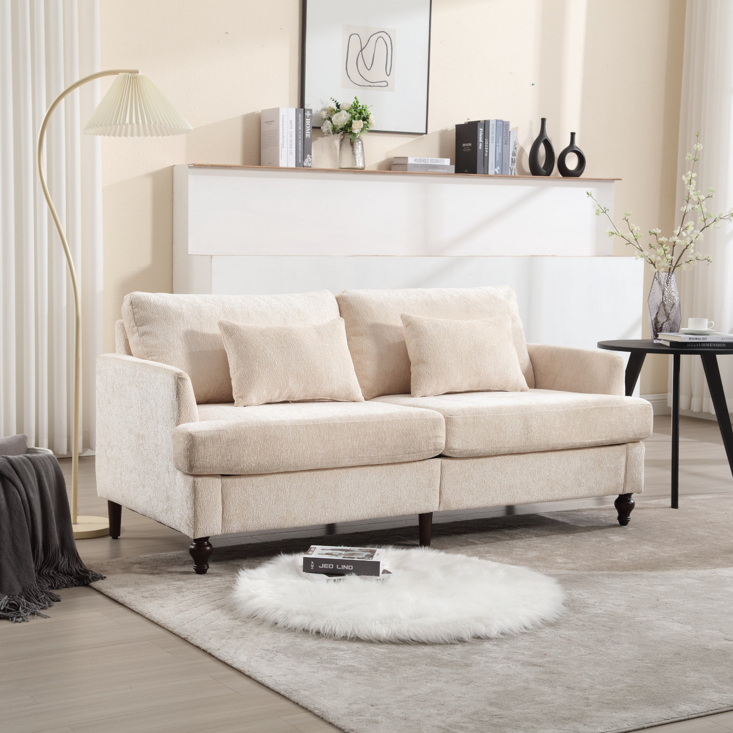 Mid-century modern chenille fabric 2-seat upholstered loveseat sofa with wooden feet, stylish and comfortable for living room decor
