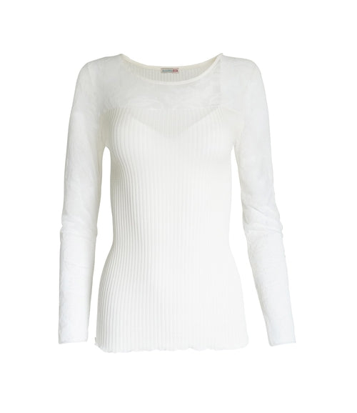 Byzantium Hemera Merino wool blend top with tulle trim, stylish blouse in white, featuring elegant fabric details.
