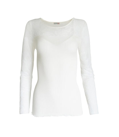 Byzantium Hemera Merino wool blend top with tulle trim, stylish blouse in white, featuring elegant fabric details.