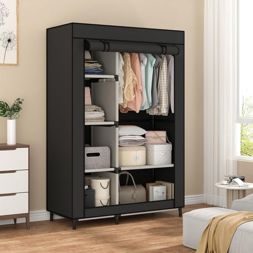 Portable Peach Maple black closet organizer with six shelves and a hanging rod for efficient storage and wardrobe organization.