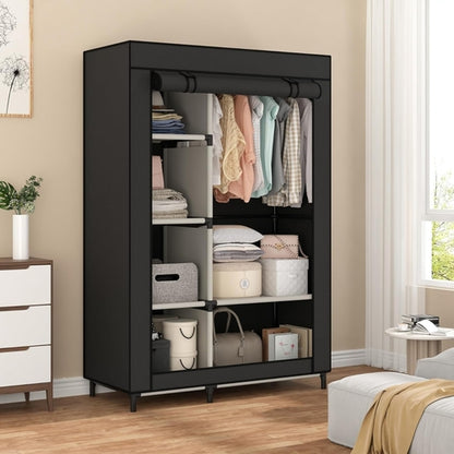 Portable Peach Maple black closet organizer with six shelves and a hanging rod for efficient storage and wardrobe organization.