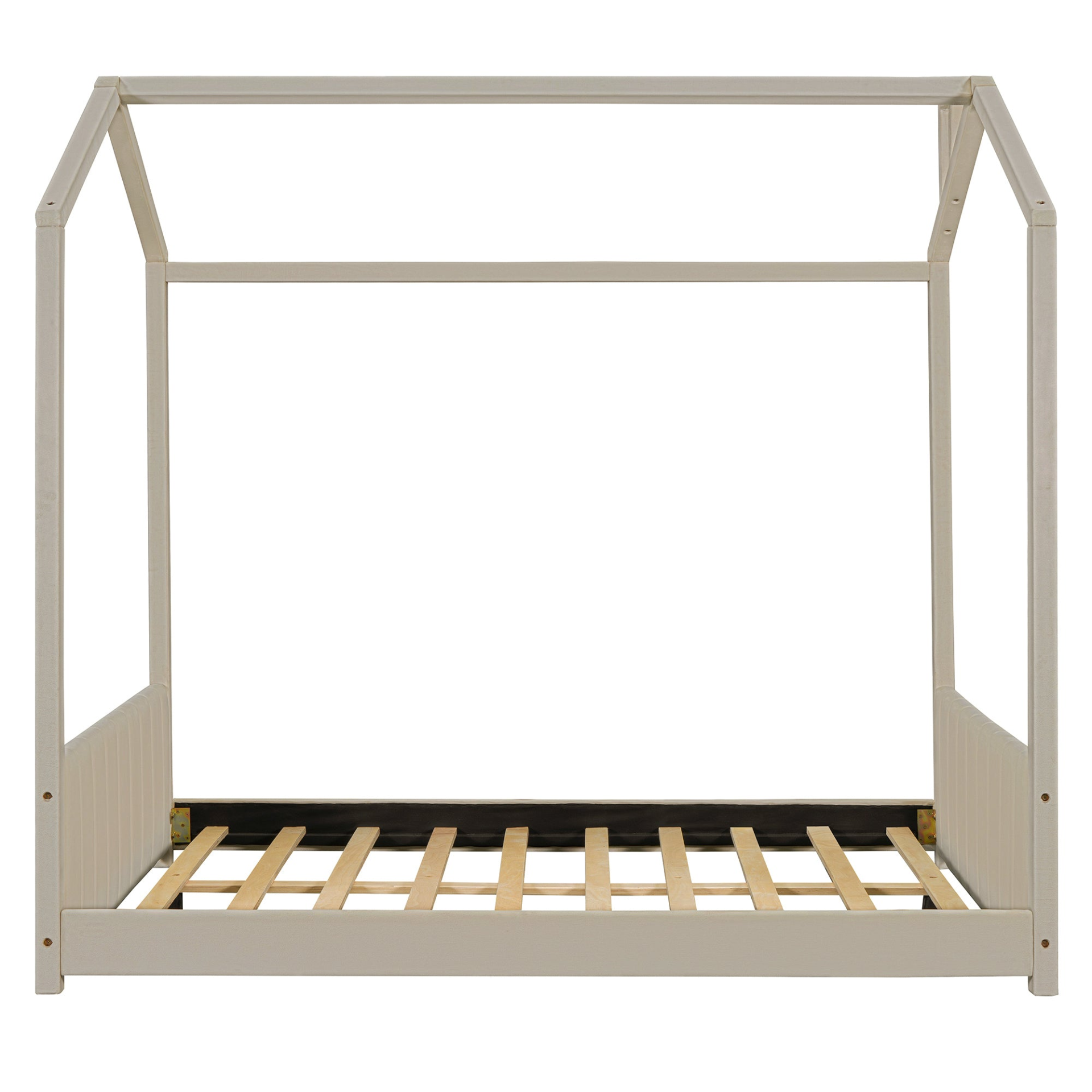 Full size velvet house bed with wooden frame, featuring a cozy, stylish design perfect for a child&