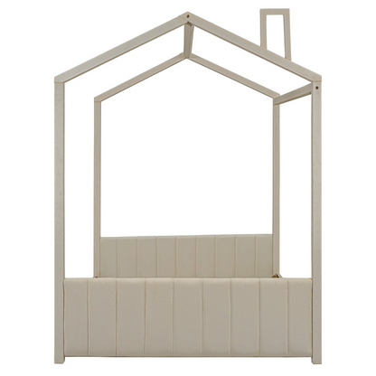 Full size velvet house bed with wooden frame from Start2Finish, featuring a cozy, cushioned headboard and stylish design.