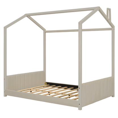 Full size velvet house bed with wood frame, featuring a cozy, enclosed design perfect for a stylish bedroom.