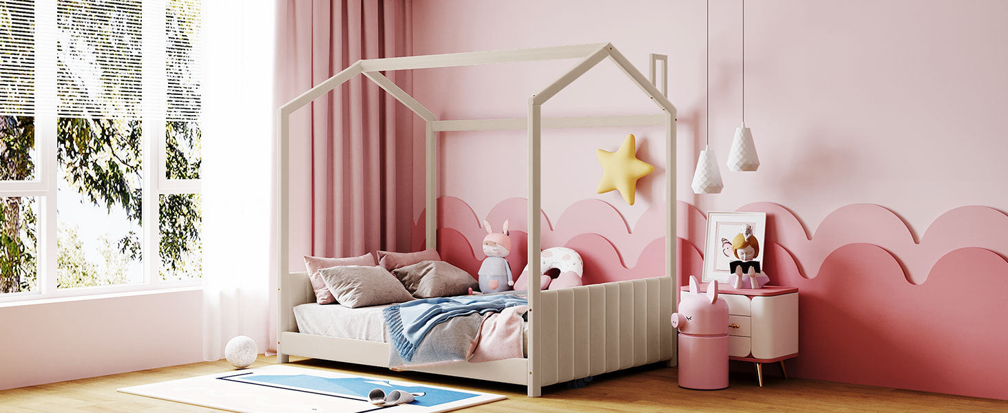 Full size velvet house bed by Start2Finish with wood frame, featuring a cozy, modern design and a plush velvet finish.