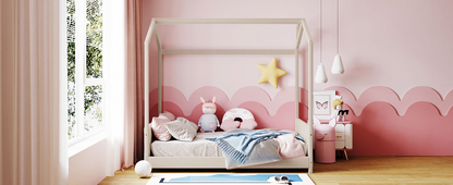 Full size velvet house bed by Start2Finish with wooden frame, featuring a cozy, enclosed design perfect for a child&