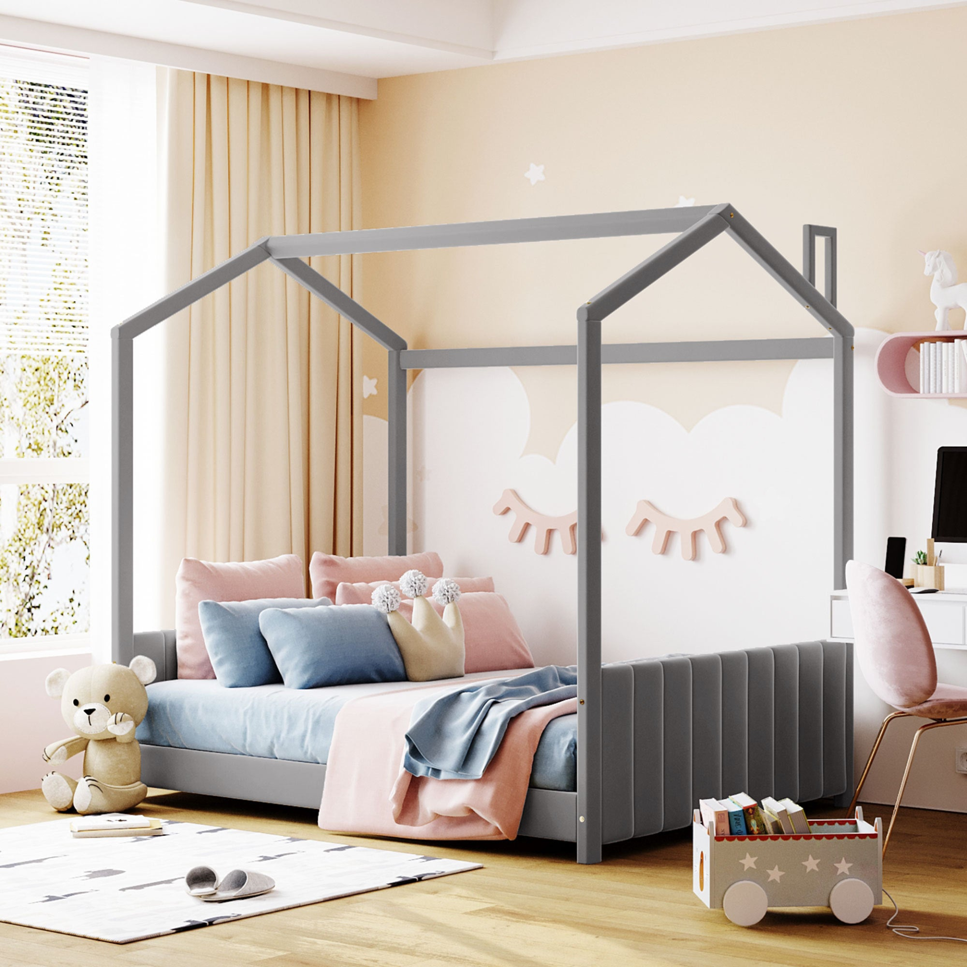 Full size velvet house bed with wood frame from Start2Finish, featuring a cozy, modern design and plush velvet upholstery.
