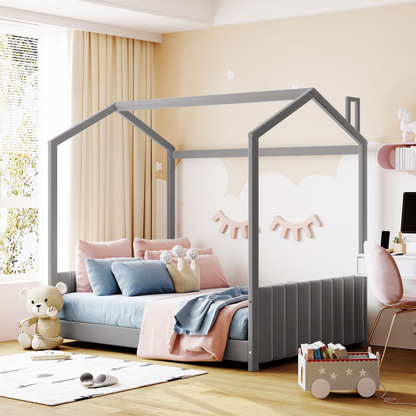 Full size velvet house bed with wood frame from Start2Finish, featuring a cozy, modern design and plush velvet upholstery.