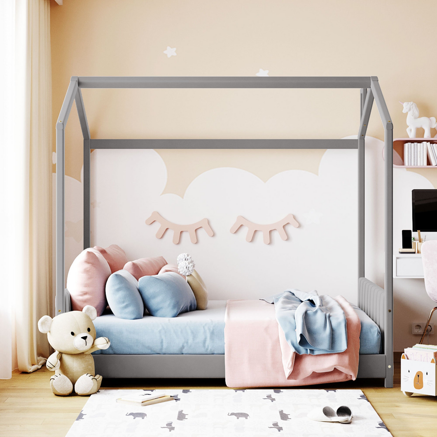 Full size velvet house bed from Start2Finish with wooden frame and cozy design, perfect for a stylish bedroom.