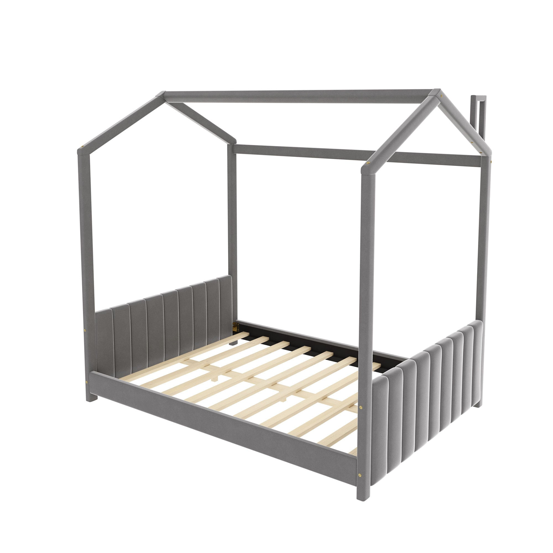 Full size velvet house bed by Start2Finish with wood frame, featuring a cozy, plush velvet canopy and sturdy wooden legs.