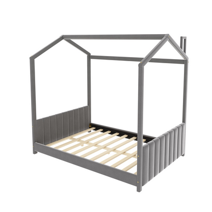 Full size velvet house bed by Start2Finish with wood frame, featuring a cozy, plush velvet canopy and sturdy wooden legs.