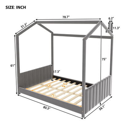 Full size velvet house bed by Start2Finish with wooden frame and cozy fabric canopy, perfect for a stylish bedroom.