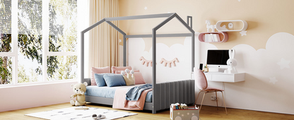 Full size velvet house bed by Start2Finish with wooden frame, featuring a cozy, stylish design and a canopy-style headboard.