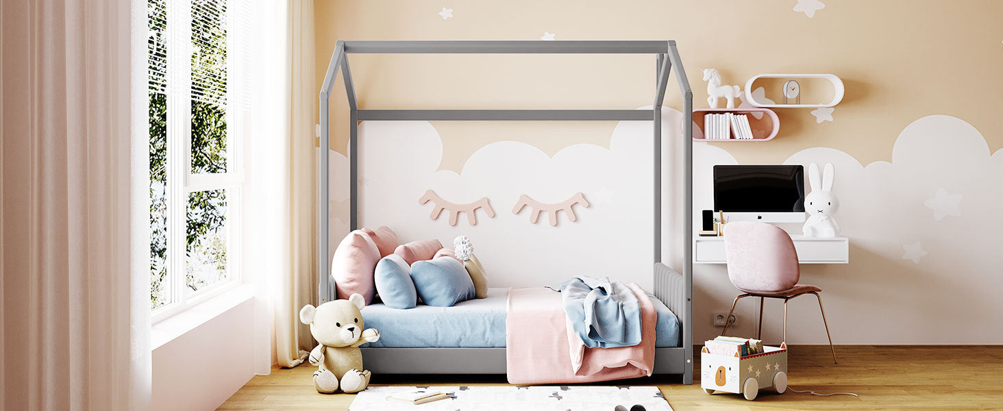 Full size velvet house bed with wood frame by Start2Finish, featuring a cozy, modern design with soft velvet upholstery and sturdy wood construction.