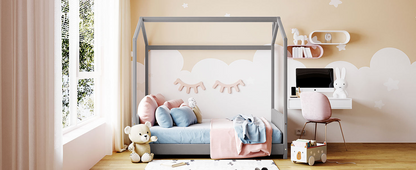 Full size velvet house bed with wood frame by Start2Finish, featuring a cozy, modern design with soft velvet upholstery and sturdy wood construction.