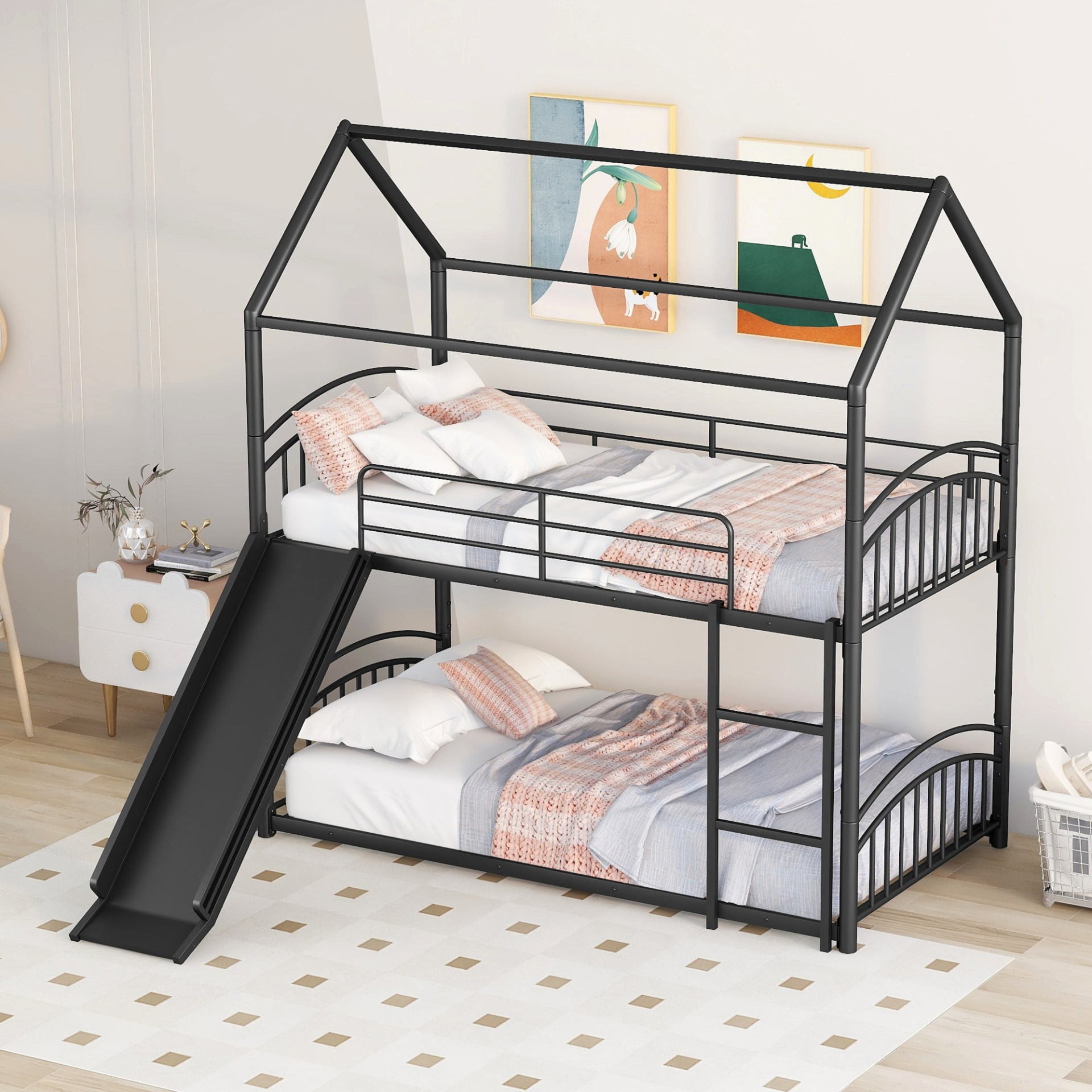 Start2Finish twin over twin metal bunk bed with built-in kids house design and slide, featuring sturdy metal frame and playful style.