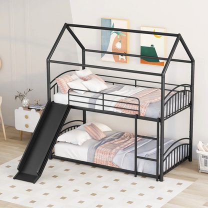 Start2Finish twin over twin metal bunk bed with built-in kids house design and slide, featuring sturdy metal frame and playful style.