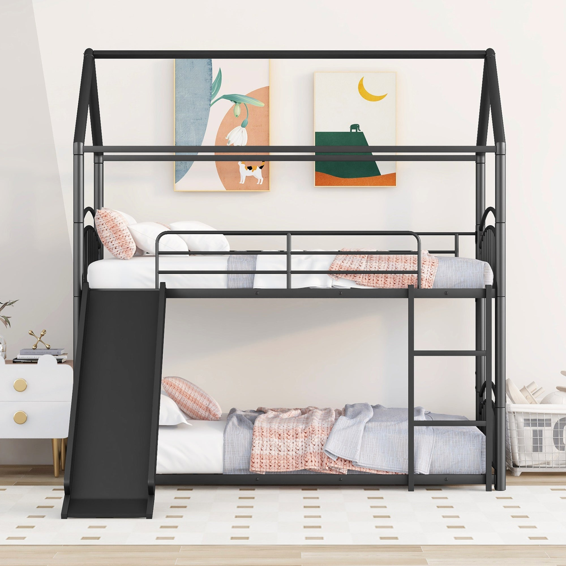 Start2Finish twin over twin metal bunk bed with house design, slide, and ladder for kids&