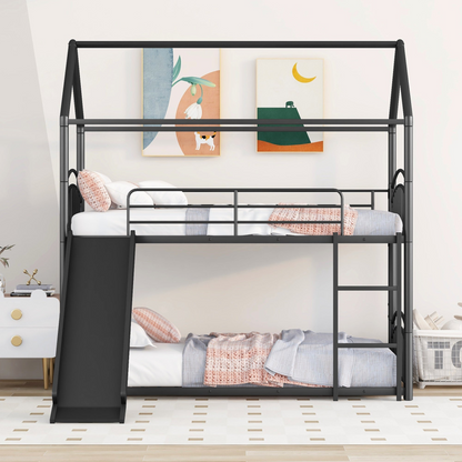 Start2Finish twin over twin metal bunk bed with house design, slide, and ladder for kids&