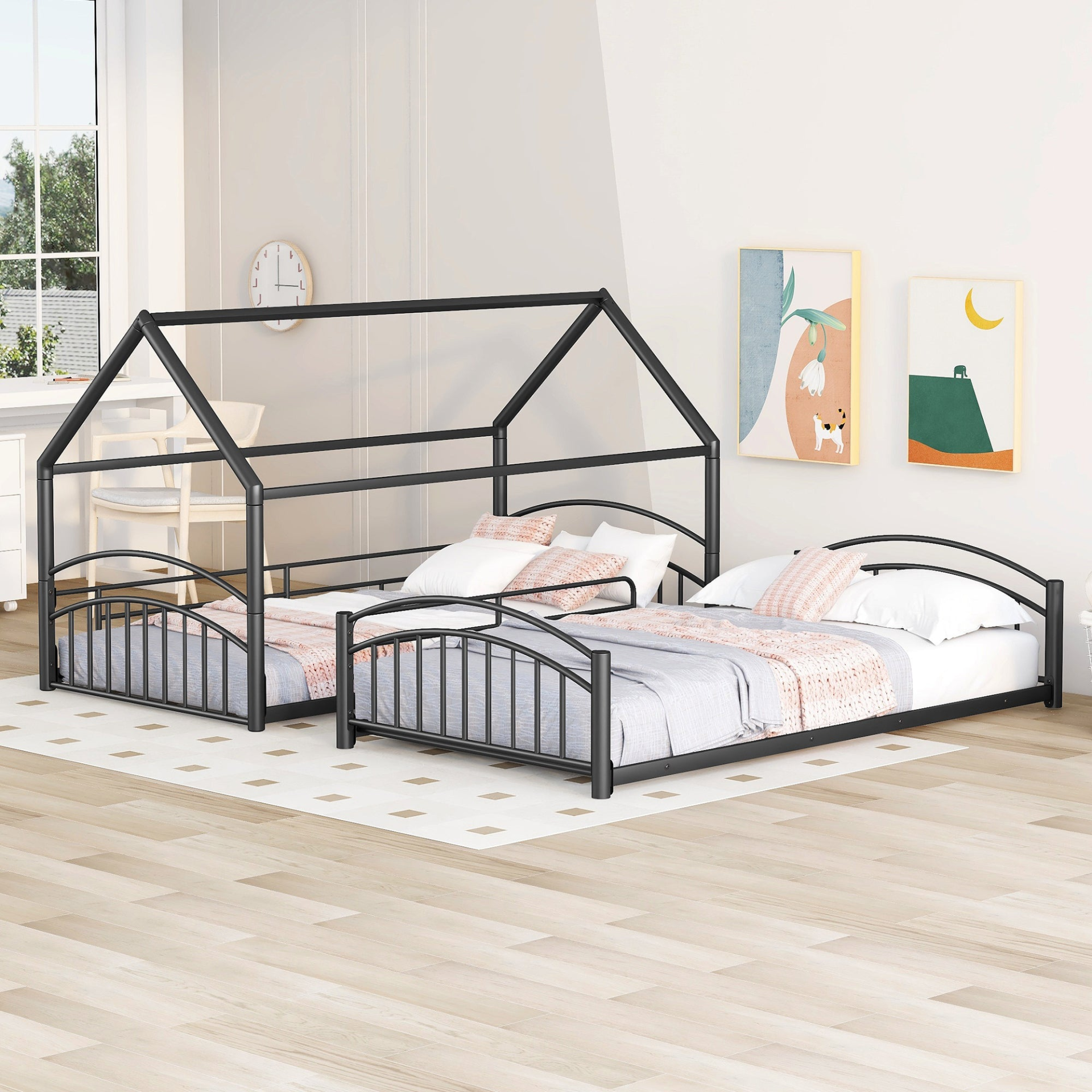 Metal twin over twin bunk bed with house design and slide, ideal for kids&