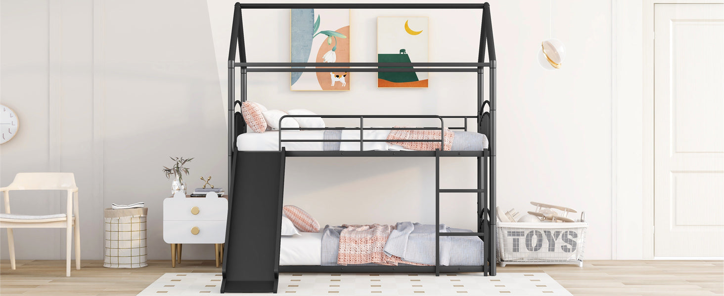 Start2Finish twin over twin metal bunk bed with house design and slide, ideal for kids’ bedroom furniture.