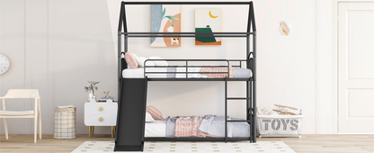 Start2Finish twin over twin metal bunk bed with house design and slide, ideal for kids’ bedroom furniture.